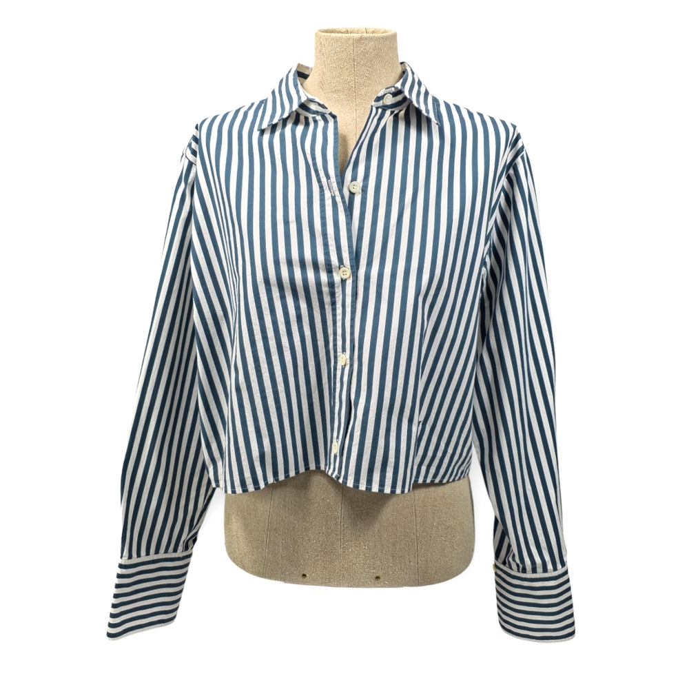 FRAME Denim The Cut-Off Oversized Striped Shirt Crop Button Down Cotton XS